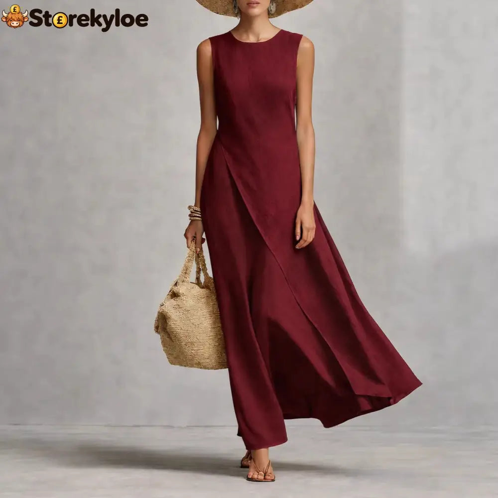 Sleeveless Asymmetrical Linen Maxi Dress - Burgundy / XS