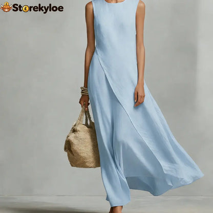Sleeveless Asymmetrical Linen Maxi Dress - Light blue / XS