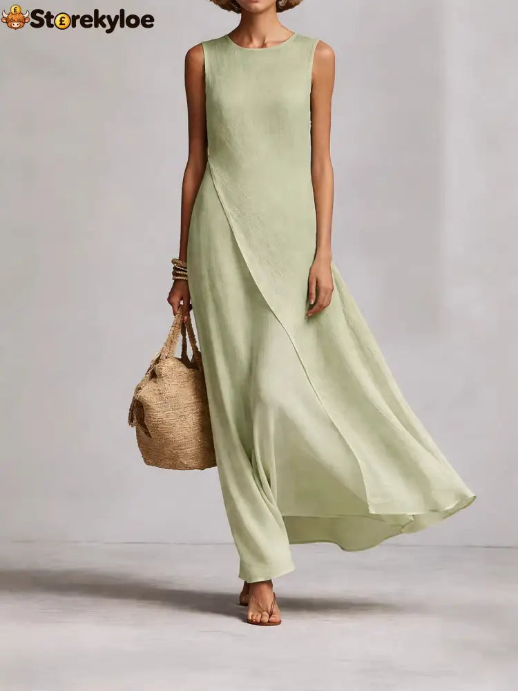 Sleeveless Asymmetrical Linen Maxi Dress - Light green / XS