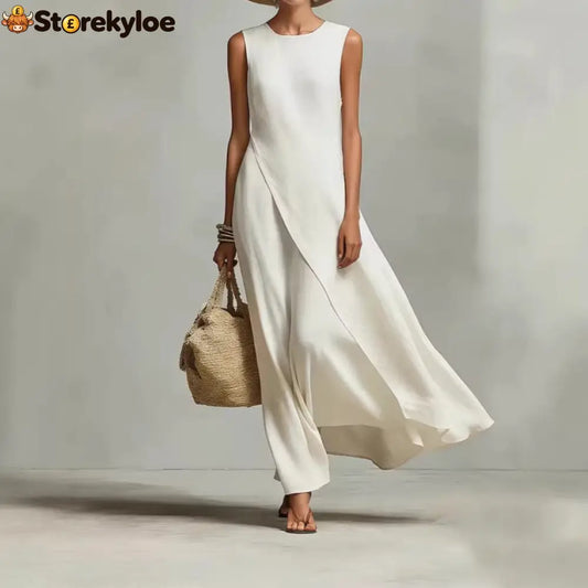 Sleeveless Asymmetrical Linen Maxi Dress - Off white / XS