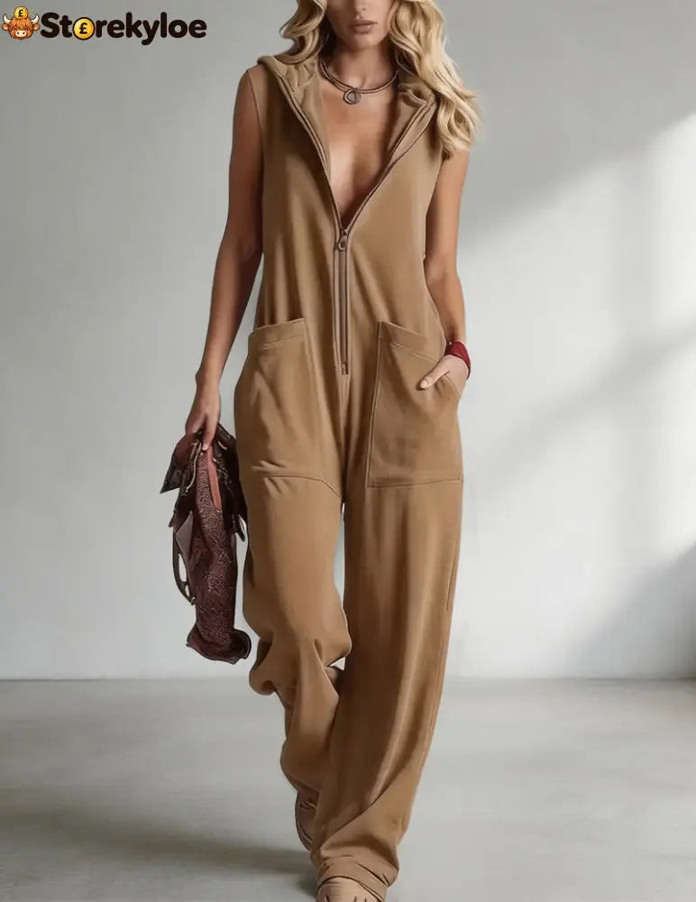 Sleeveless Hooded Zip-Front Jumpsuit