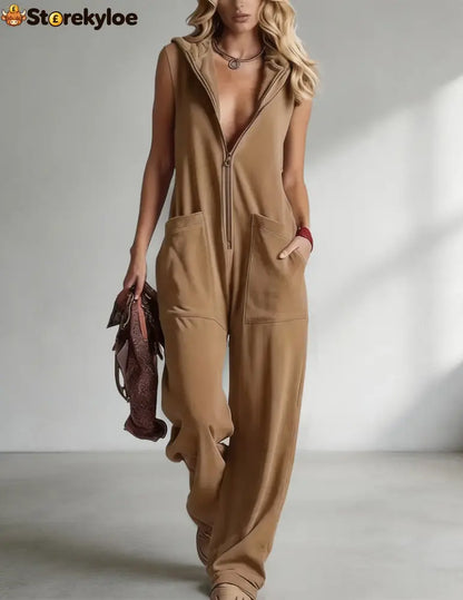 Sleeveless Hooded Zip-Front Jumpsuit