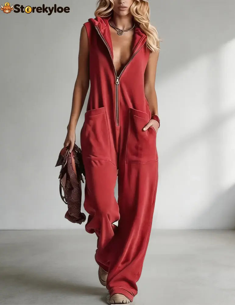 Sleeveless Hooded Zip-Front Jumpsuit
