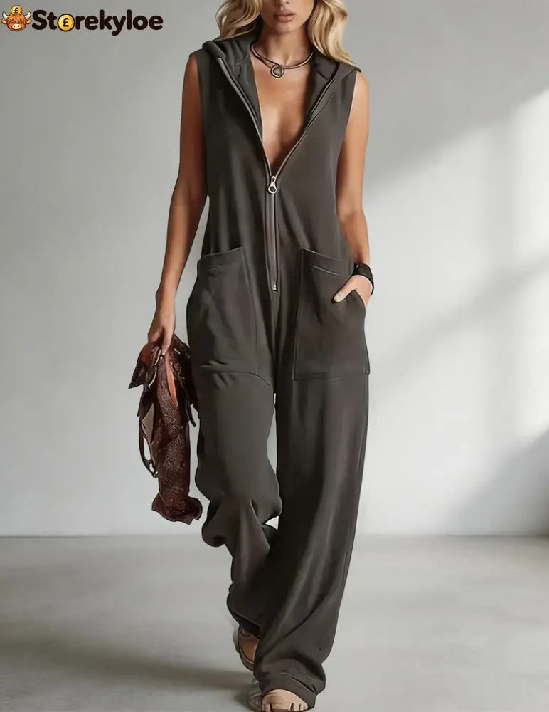 Sleeveless Hooded Zip-Front Jumpsuit