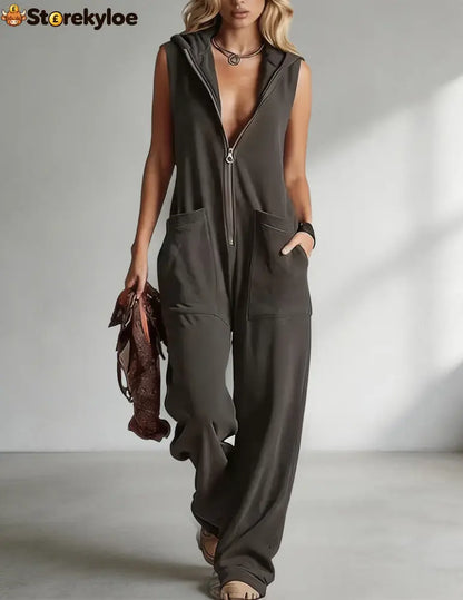 Sleeveless Hooded Zip-Front Jumpsuit