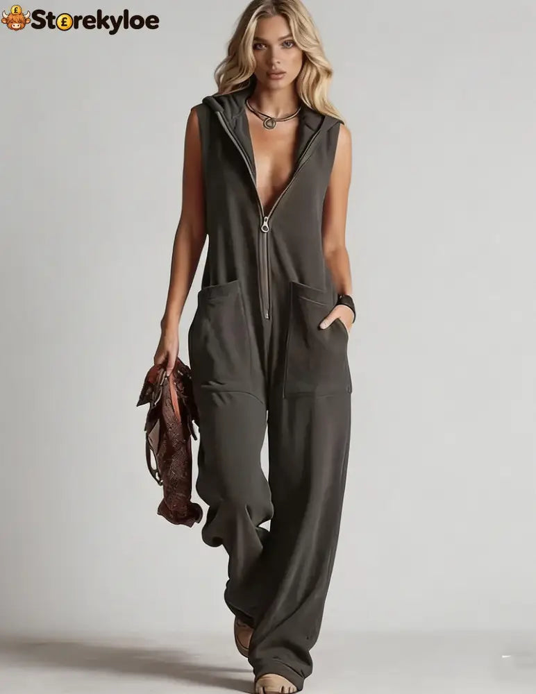 Sleeveless Hooded Zip-Front Jumpsuit - Dark Grey / S