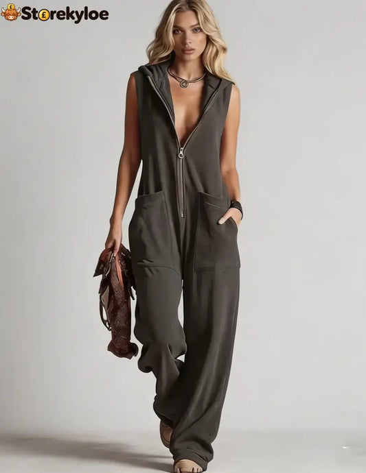 Sleeveless Hooded Zip-Front Jumpsuit - Dark Grey / S