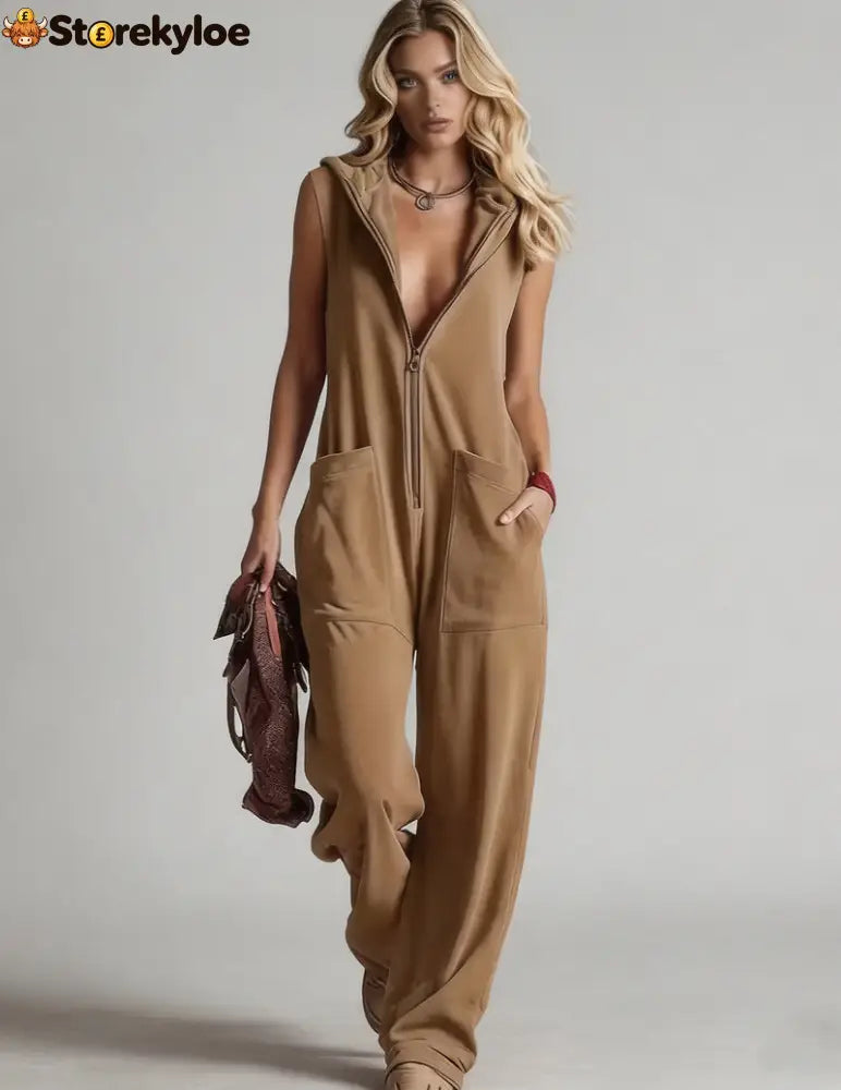 Sleeveless Hooded Zip-Front Jumpsuit - Khaki / S