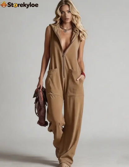Sleeveless Hooded Zip-Front Jumpsuit - Khaki / S