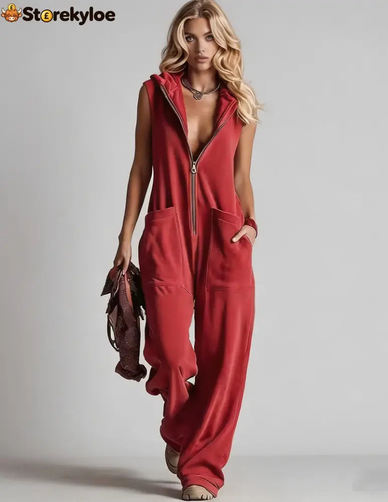 Sleeveless Hooded Zip-Front Jumpsuit - Red / S