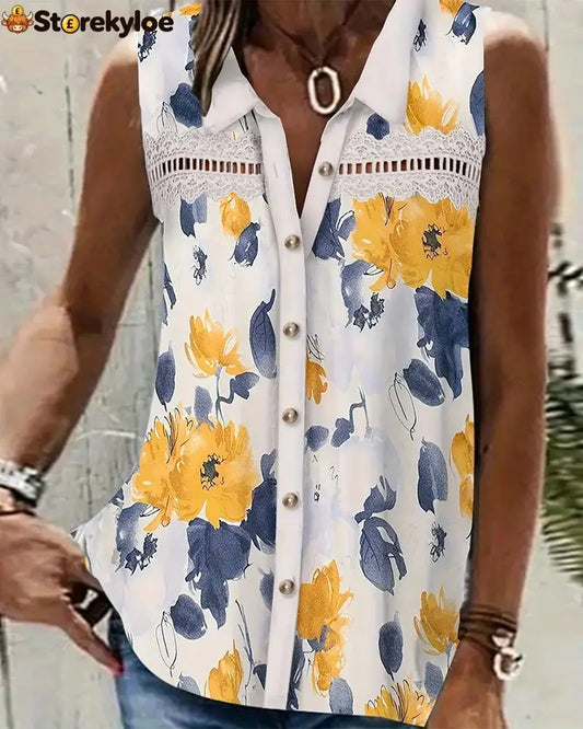 Sleeveless Lapel Printed Hollow Tank Top - Yellow / S