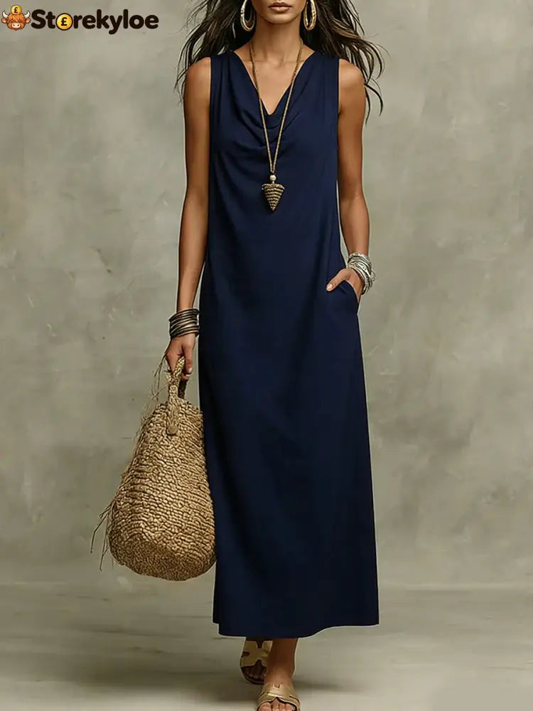 🌟 Sleeveless Linen Maxi Dress: Effortless Boho-Chic for Every Occasion - Navy blue / S