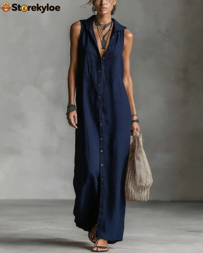 Sleeveless Long Dress Women’s One-piece Dress - Navy blue / S