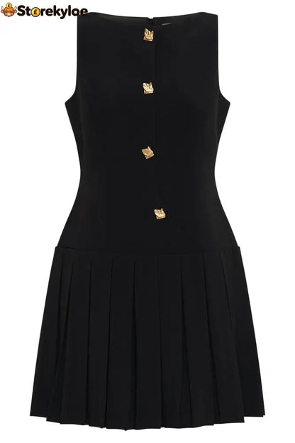 Sleeveless Pleated Mini Dress - Black