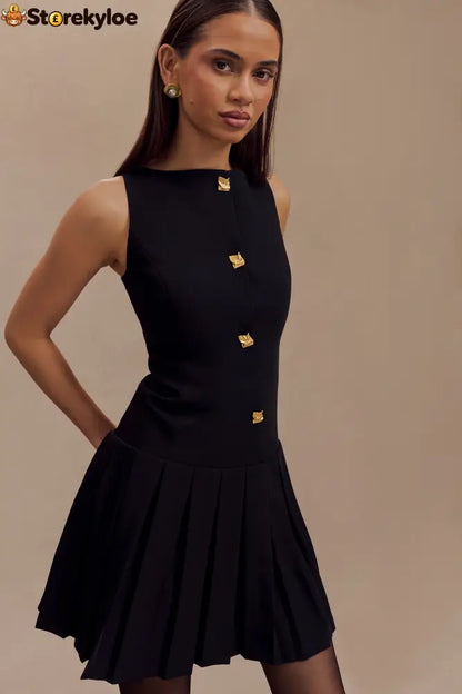 Sleeveless Pleated Mini Dress - Black