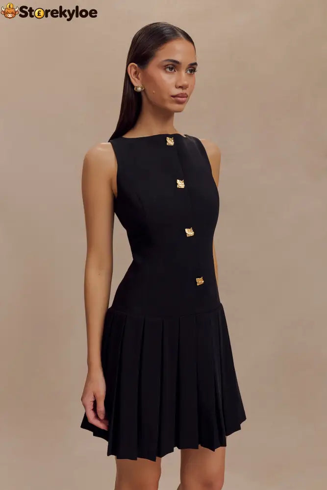 Sleeveless Pleated Mini Dress - Black