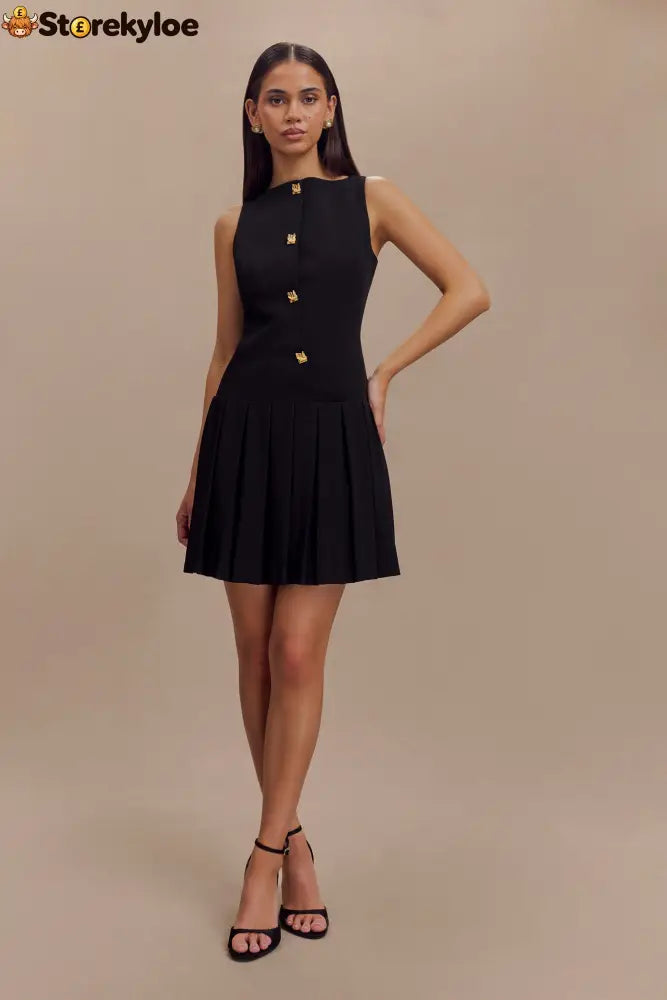 Sleeveless Pleated Mini Dress - Black