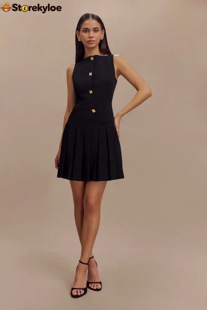 Sleeveless Pleated Mini Dress - Black
