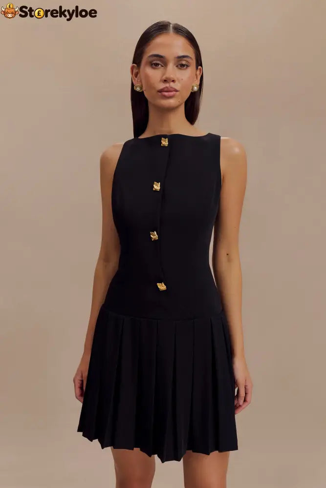 Sleeveless Pleated Mini Dress - Black - S