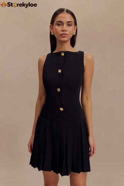 Sleeveless Pleated Mini Dress - Black - S