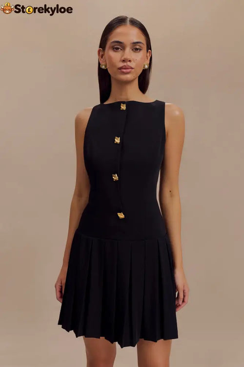 Sleeveless Pleated Mini Dress - Black - S