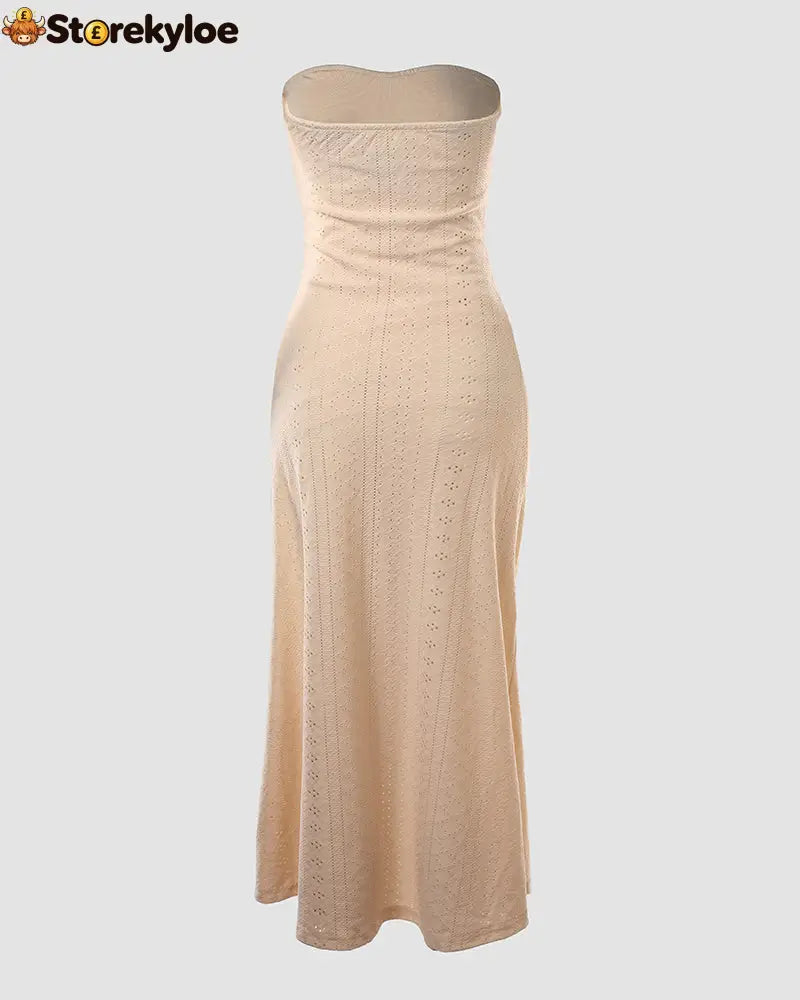 Sleeveless Ruched Cinched Waist Draped Bandeau Dress Eyelet Embroidery Slit Asymmetrical Hem Vacation Dress