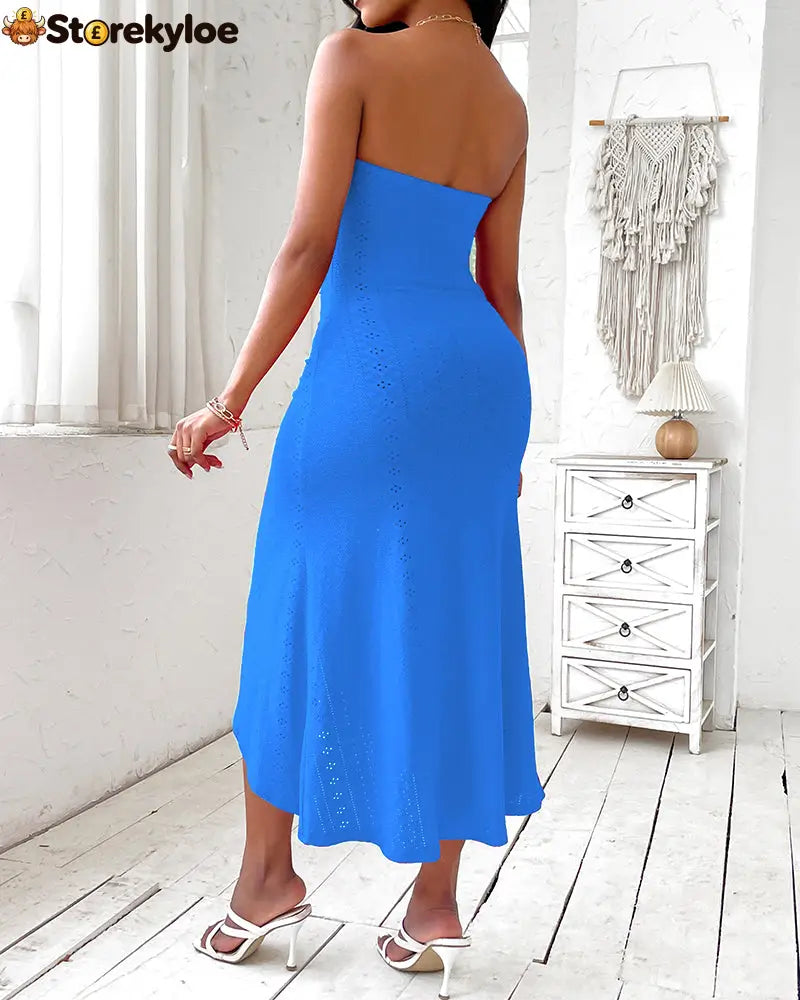 Sleeveless Ruched Cinched Waist Draped Bandeau Dress Eyelet Embroidery Slit Asymmetrical Hem Vacation Dress