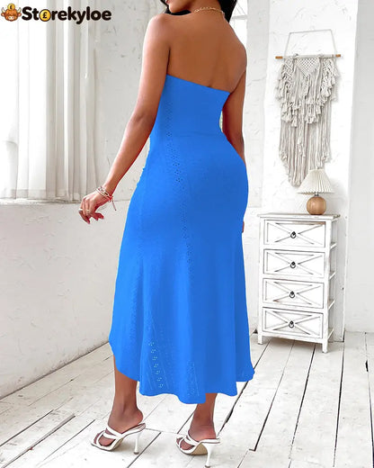 Sleeveless Ruched Cinched Waist Draped Bandeau Dress Eyelet Embroidery Slit Asymmetrical Hem Vacation Dress