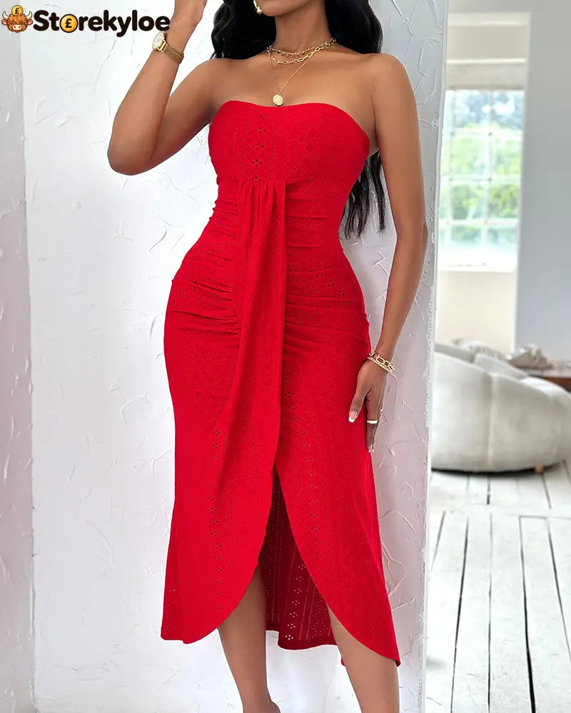 Sleeveless Ruched Cinched Waist Draped Bandeau Dress Eyelet Embroidery Slit Asymmetrical Hem Vacation Dress