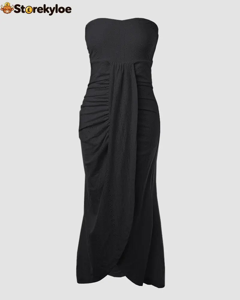 Sleeveless Ruched Cinched Waist Draped Bandeau Dress Eyelet Embroidery Slit Asymmetrical Hem Vacation Dress