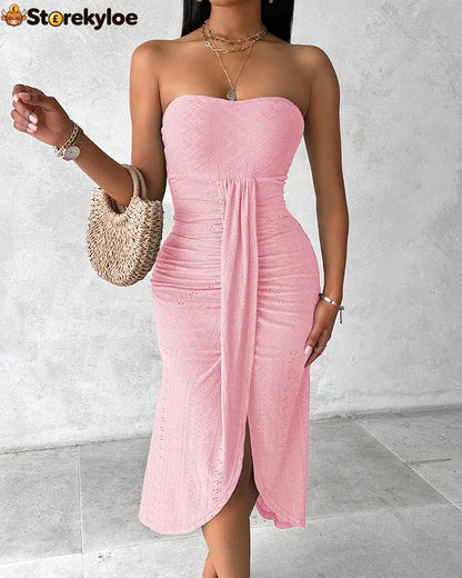 Sleeveless Ruched Cinched Waist Draped Bandeau Dress Eyelet Embroidery Slit Asymmetrical Hem Vacation Dress
