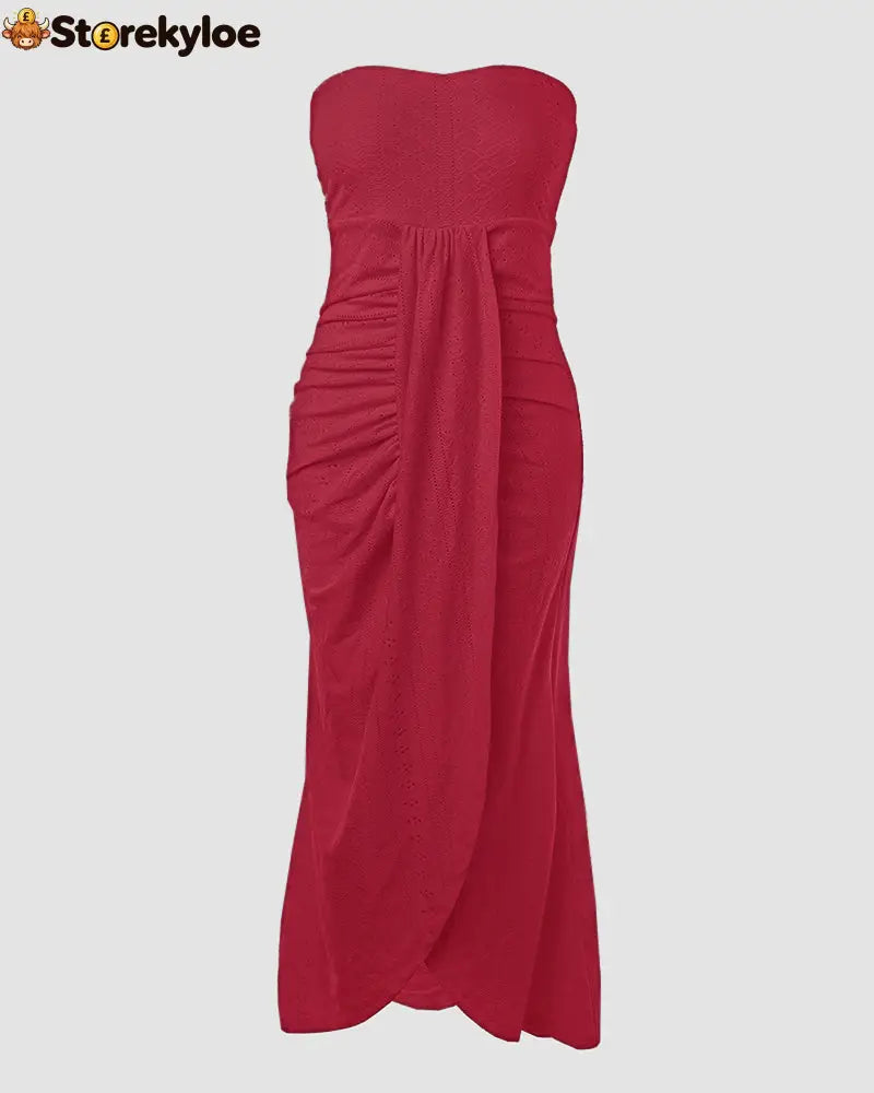 Sleeveless Ruched Cinched Waist Draped Bandeau Dress Eyelet Embroidery Slit Asymmetrical Hem Vacation Dress