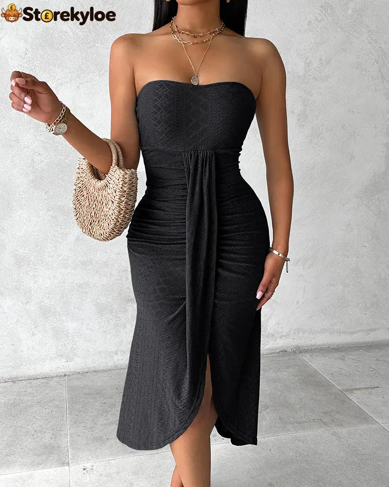 Sleeveless Ruched Cinched Waist Draped Bandeau Dress Eyelet Embroidery Slit Asymmetrical Hem Vacation Dress