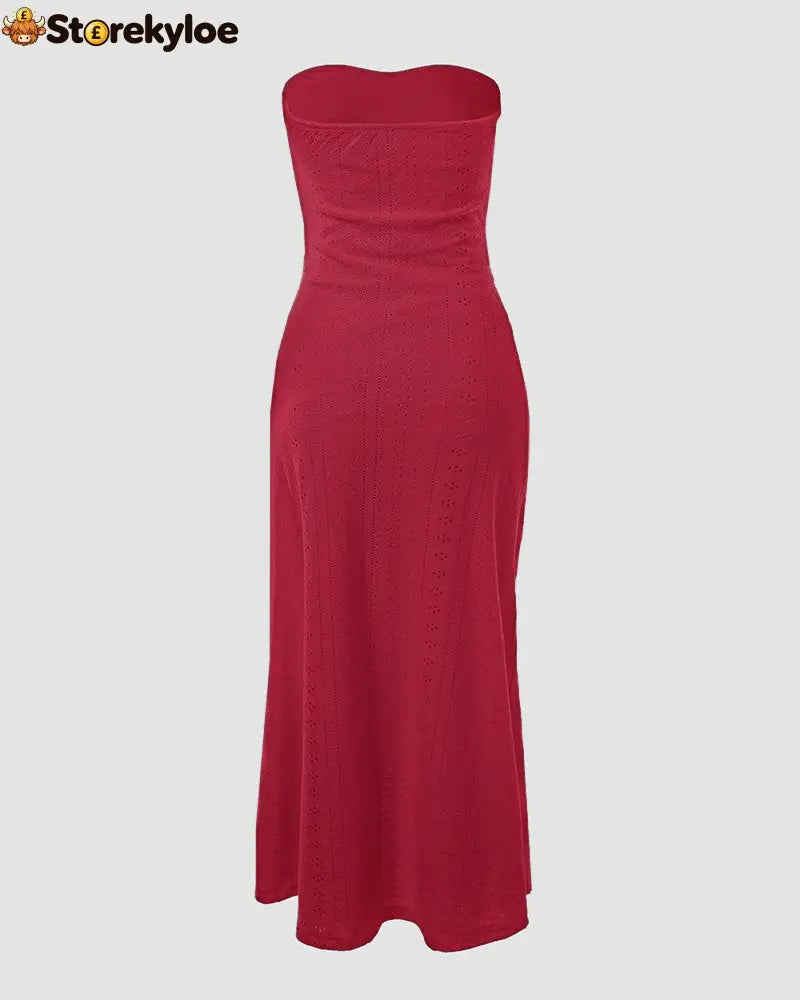 Sleeveless Ruched Cinched Waist Draped Bandeau Dress Eyelet Embroidery Slit Asymmetrical Hem Vacation Dress