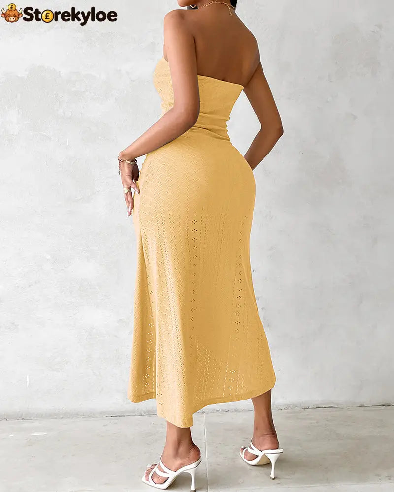 Sleeveless Ruched Cinched Waist Draped Bandeau Dress Eyelet Embroidery Slit Asymmetrical Hem Vacation Dress