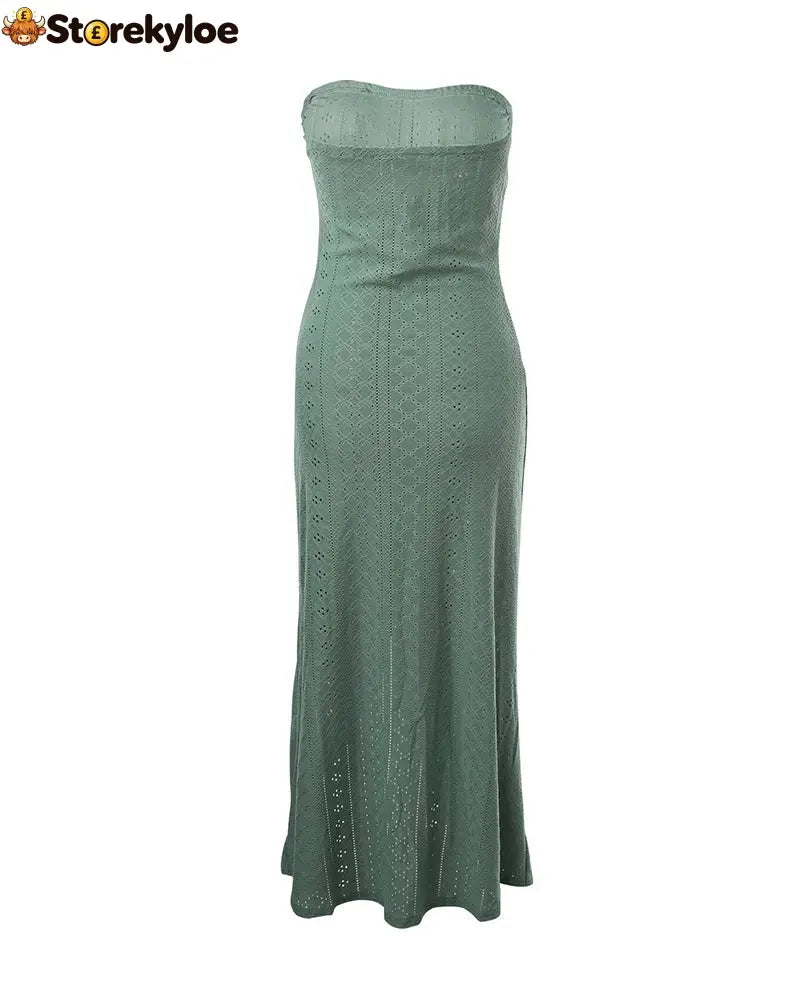 Sleeveless Ruched Cinched Waist Draped Bandeau Dress Eyelet Embroidery Slit Asymmetrical Hem Vacation Dress