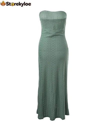 Sleeveless Ruched Cinched Waist Draped Bandeau Dress Eyelet Embroidery Slit Asymmetrical Hem Vacation Dress
