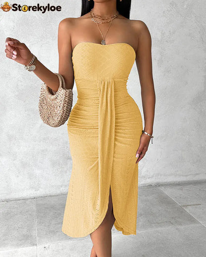 Sleeveless Ruched Cinched Waist Draped Bandeau Dress Eyelet Embroidery Slit Asymmetrical Hem Vacation Dress