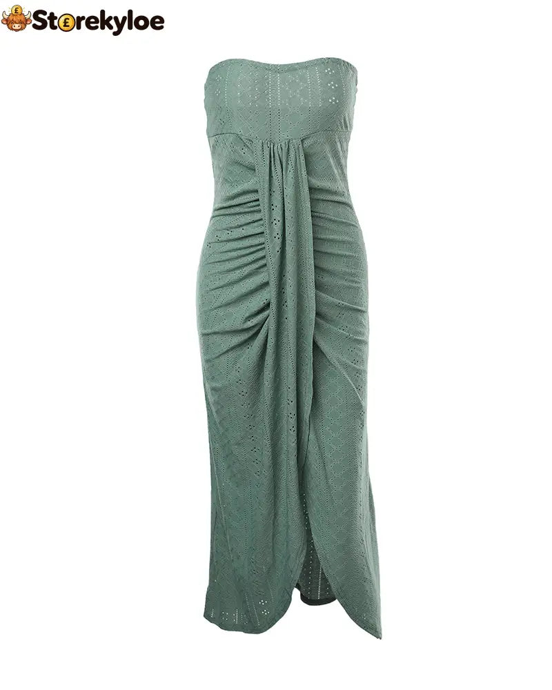 Sleeveless Ruched Cinched Waist Draped Bandeau Dress Eyelet Embroidery Slit Asymmetrical Hem Vacation Dress