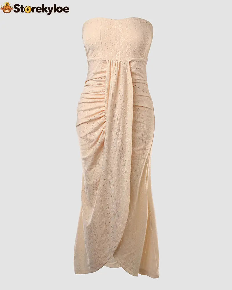Sleeveless Ruched Cinched Waist Draped Bandeau Dress Eyelet Embroidery Slit Asymmetrical Hem Vacation Dress