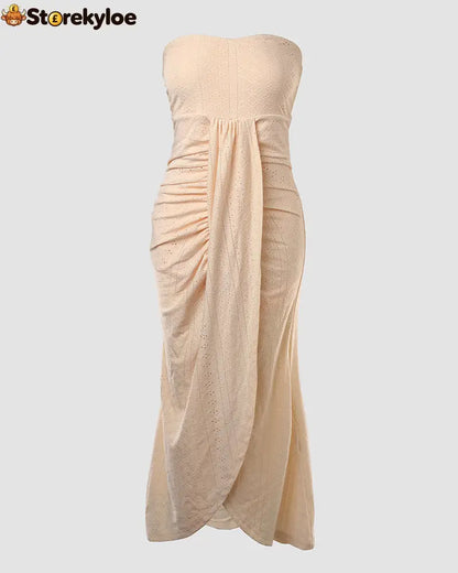 Sleeveless Ruched Cinched Waist Draped Bandeau Dress Eyelet Embroidery Slit Asymmetrical Hem Vacation Dress