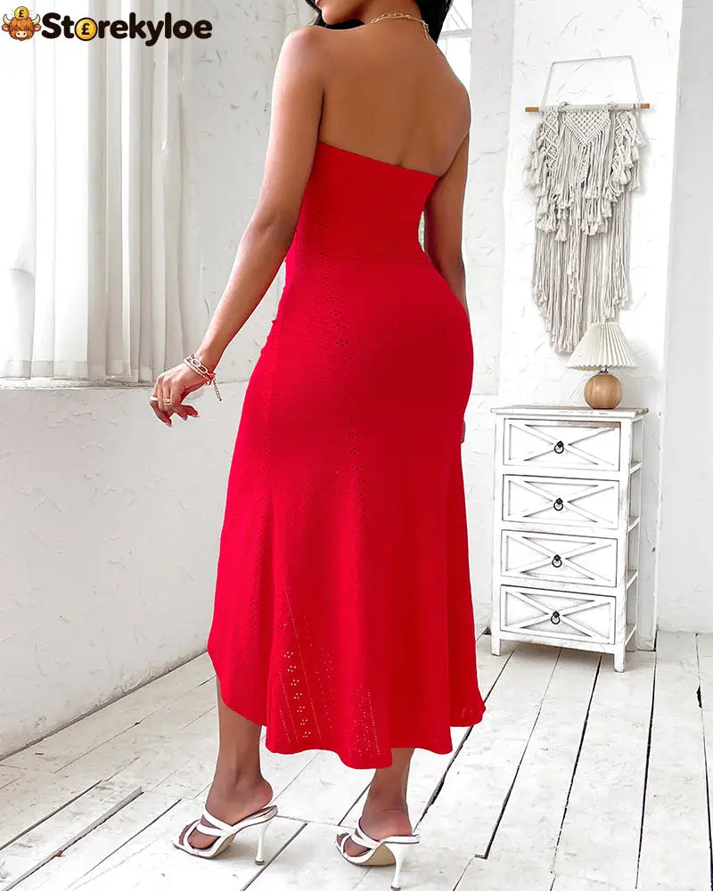 Sleeveless Ruched Cinched Waist Draped Bandeau Dress Eyelet Embroidery Slit Asymmetrical Hem Vacation Dress
