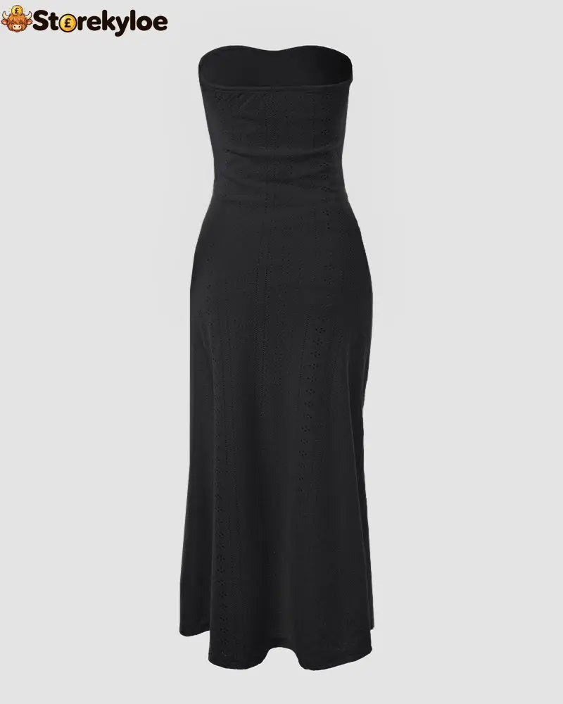 Sleeveless Ruched Cinched Waist Draped Bandeau Dress Eyelet Embroidery Slit Asymmetrical Hem Vacation Dress