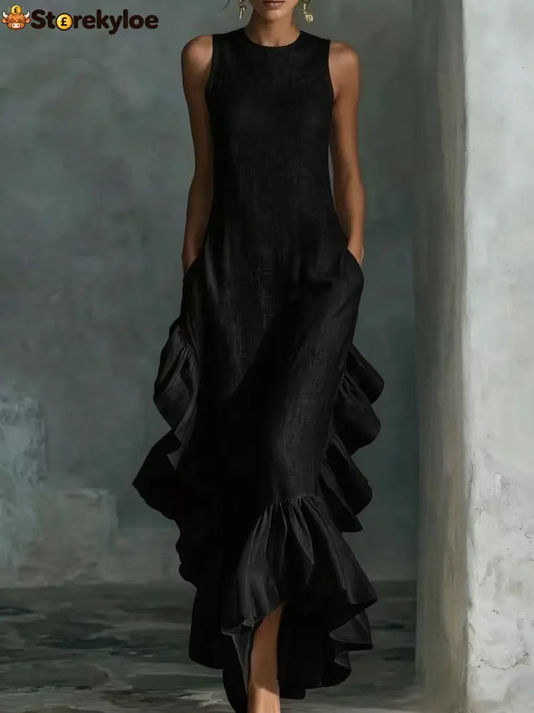 Sleeveless Ruffled Linen Maxi Dress - Black / S