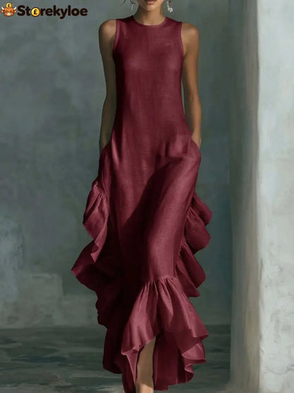 Sleeveless Ruffled Linen Maxi Dress - Burgundy / S