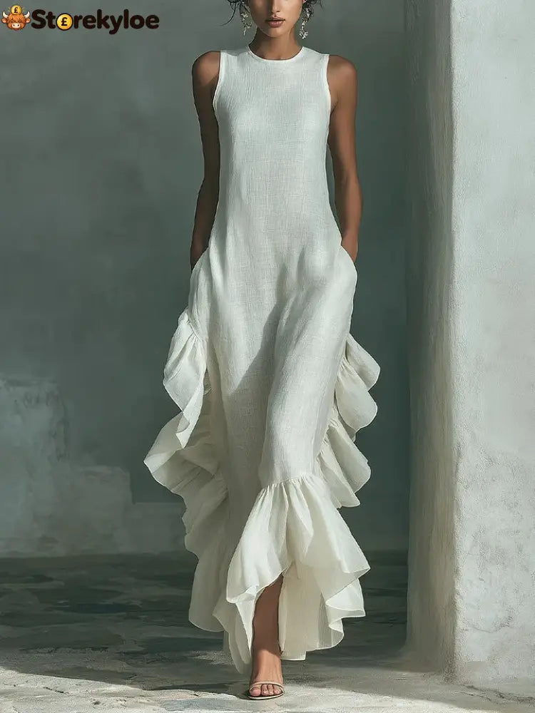 Sleeveless Ruffled Linen Maxi Dress - Ivory white / S