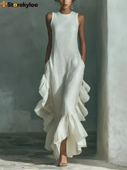 Sleeveless Ruffled Linen Maxi Dress - Ivory white / S