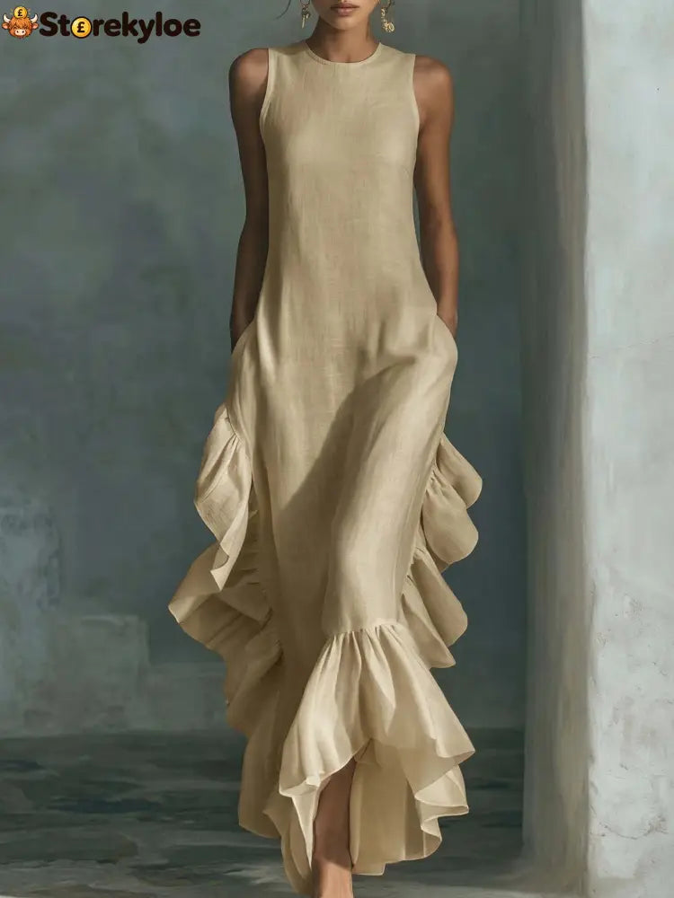 Sleeveless Ruffled Linen Maxi Dress - Khaki / S