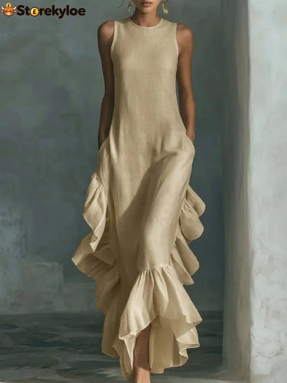 Sleeveless Ruffled Linen Maxi Dress - Khaki / S