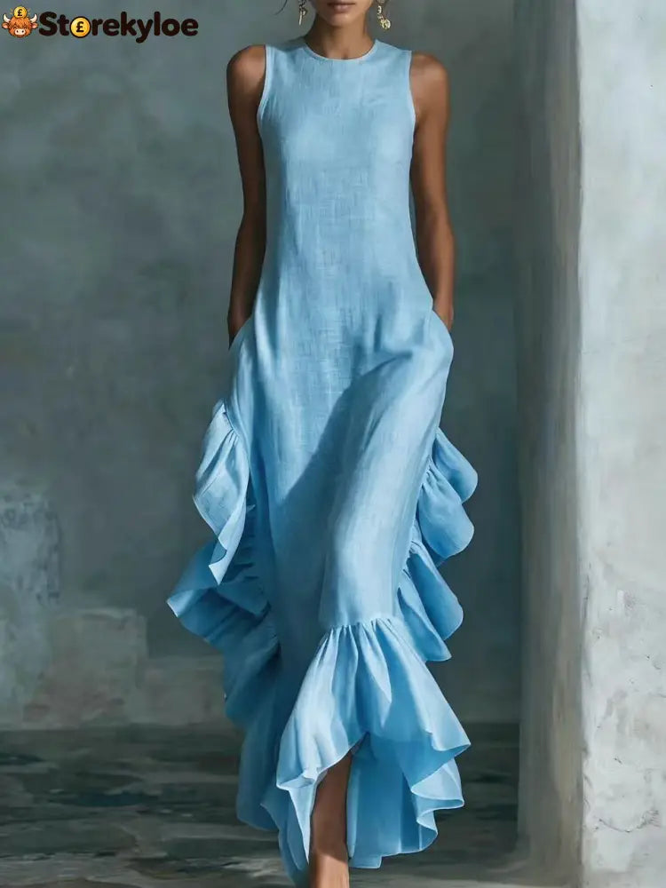Sleeveless Ruffled Linen Maxi Dress - Light blue / S